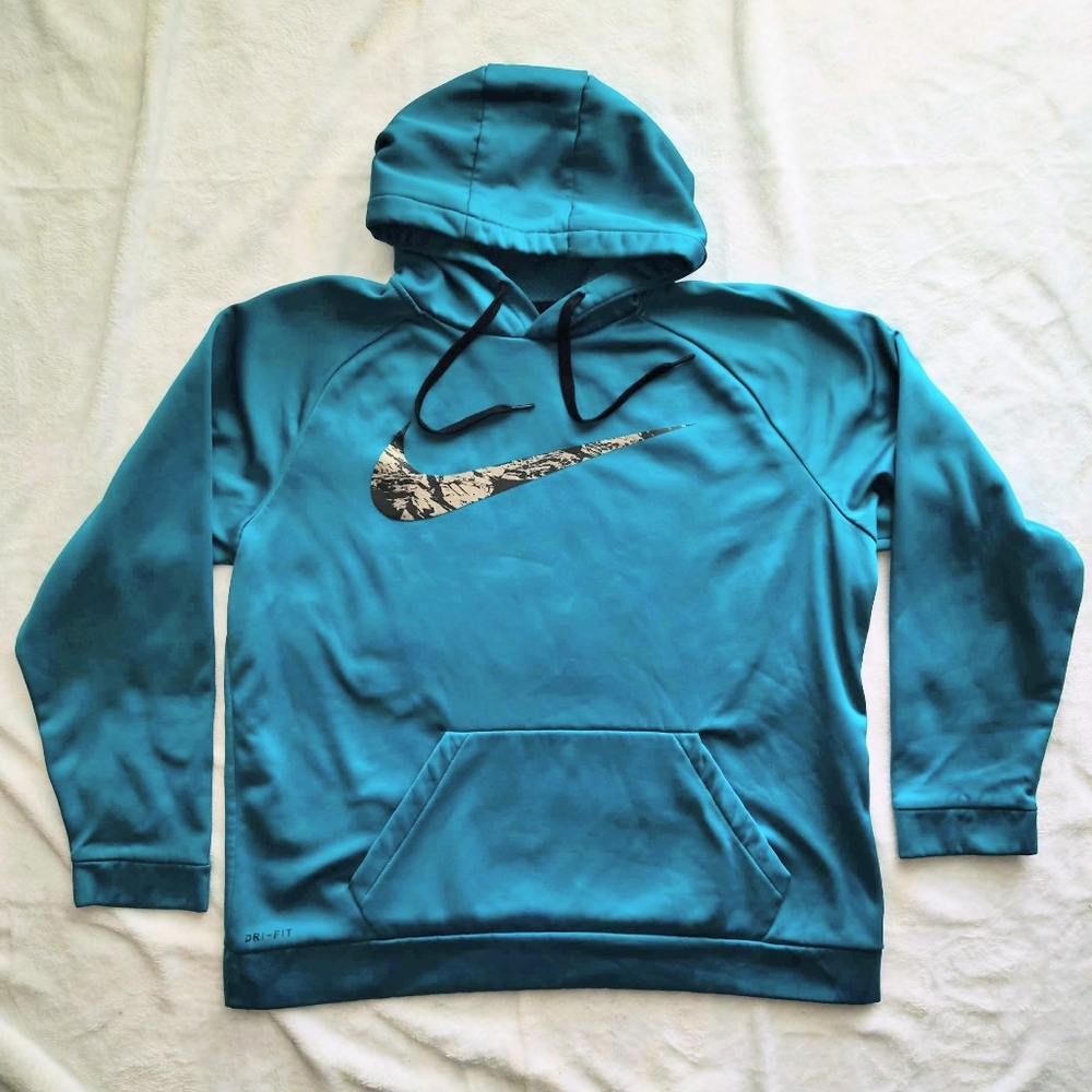 Nike Men Dri Fit Swoosh Camo Hoodie Therma Teal Blue Pullover Size Large